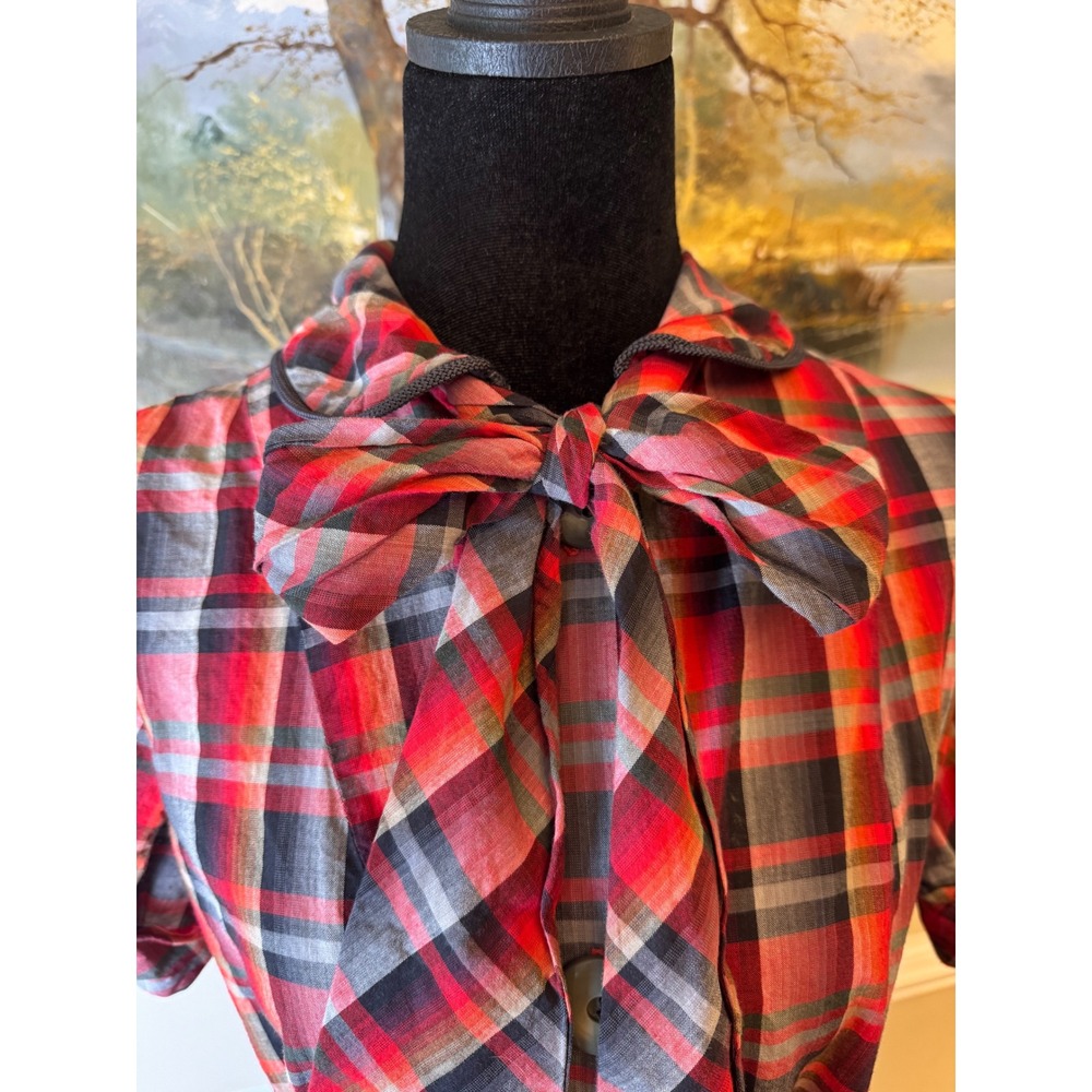 Vintage 1950s 60s Plaid Shirt Dress Bow Tie Neck Patch Pockets Mid Century - Picture 4 of 10